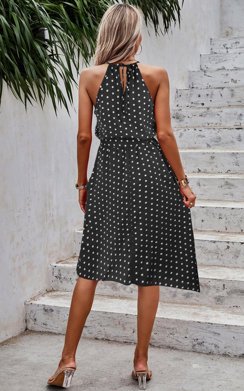 ECOWISH Polka Dot Women Summer Dress Midi A Line Ruffle High Low Sleeveless Boho Floral Halterneck Cocktail Tie Knot Sundress Black Small - Image 2